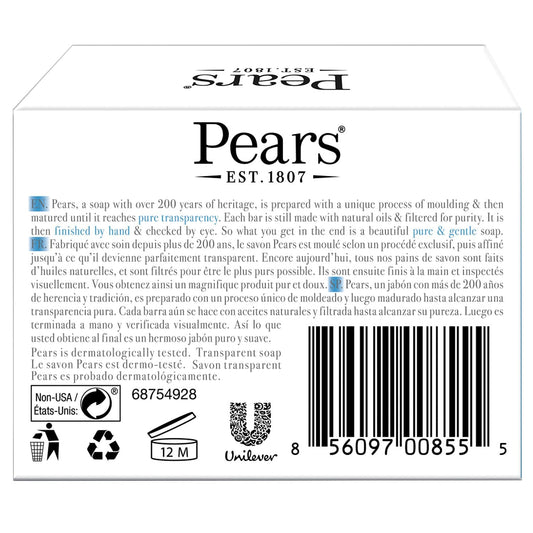 Close-up Pears soap bar shows minty aroma and translucent blue color