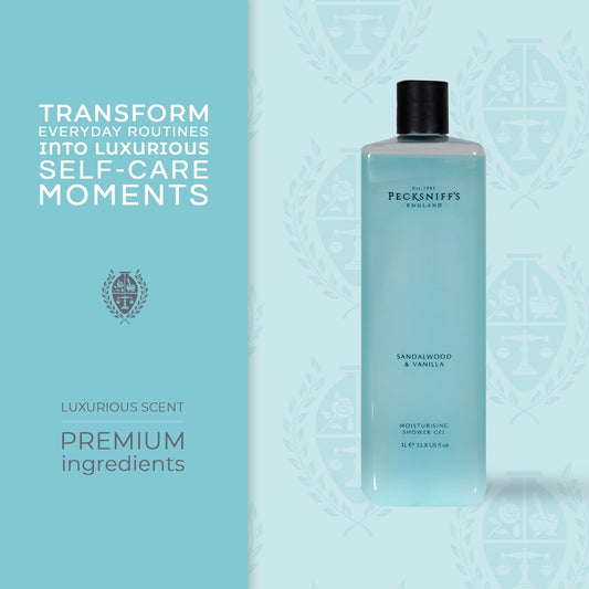 Pecksniff's Sandalwood Vanilla gel being poured suggests a refreshing morning routine.