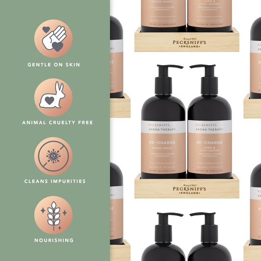 Pecksniff's Aroma Therapy Re-Charge hand lotion bottle for soft, hydrated skin