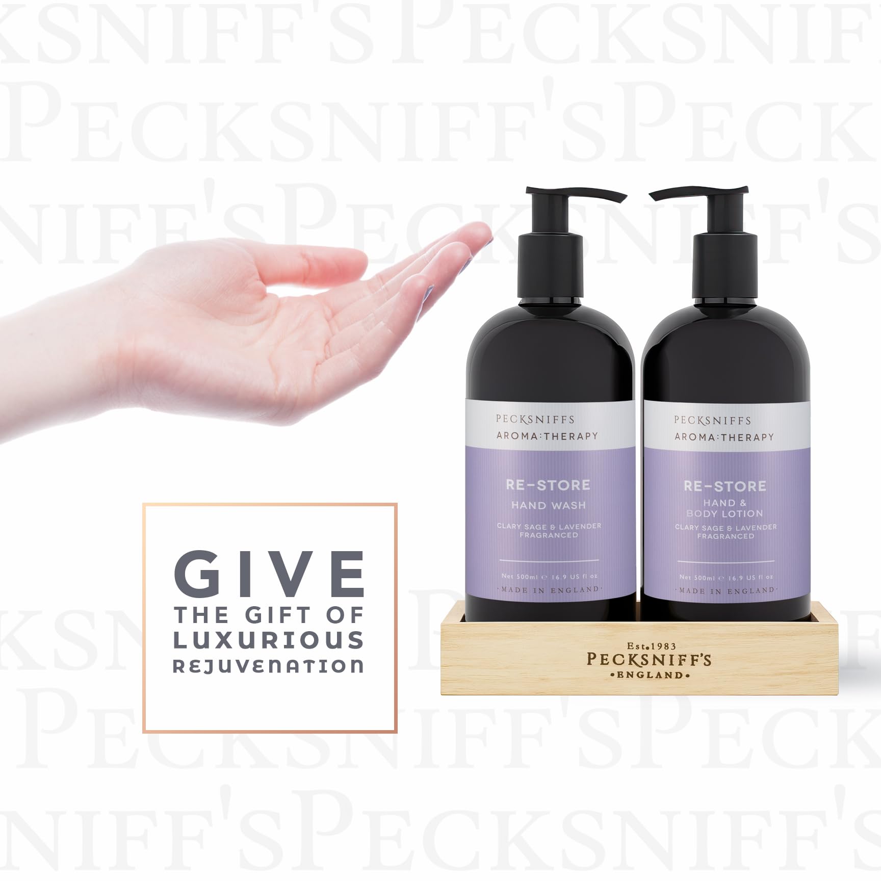 Wooden display from Pecksniff's Aroma Therapy set emphasizes gift-ready presentation