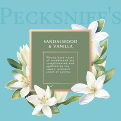 Label close-up showing sandalwood and vanilla fragrance notes