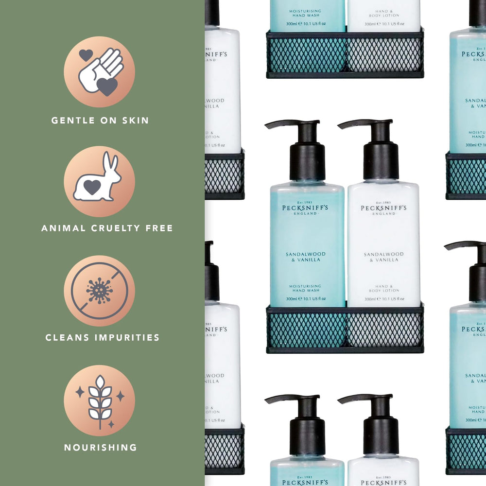 Pecksniff's set highlights sandalwood-vanilla scent for a warm atmosphere