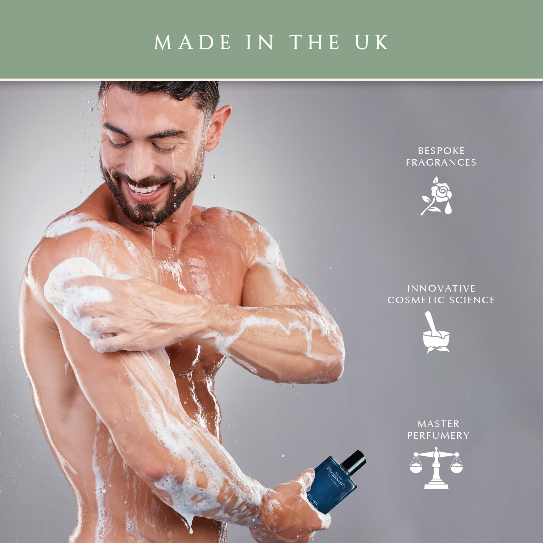 Pecksniff's Men's Bath Gel invigorating scent closeup energizes routine