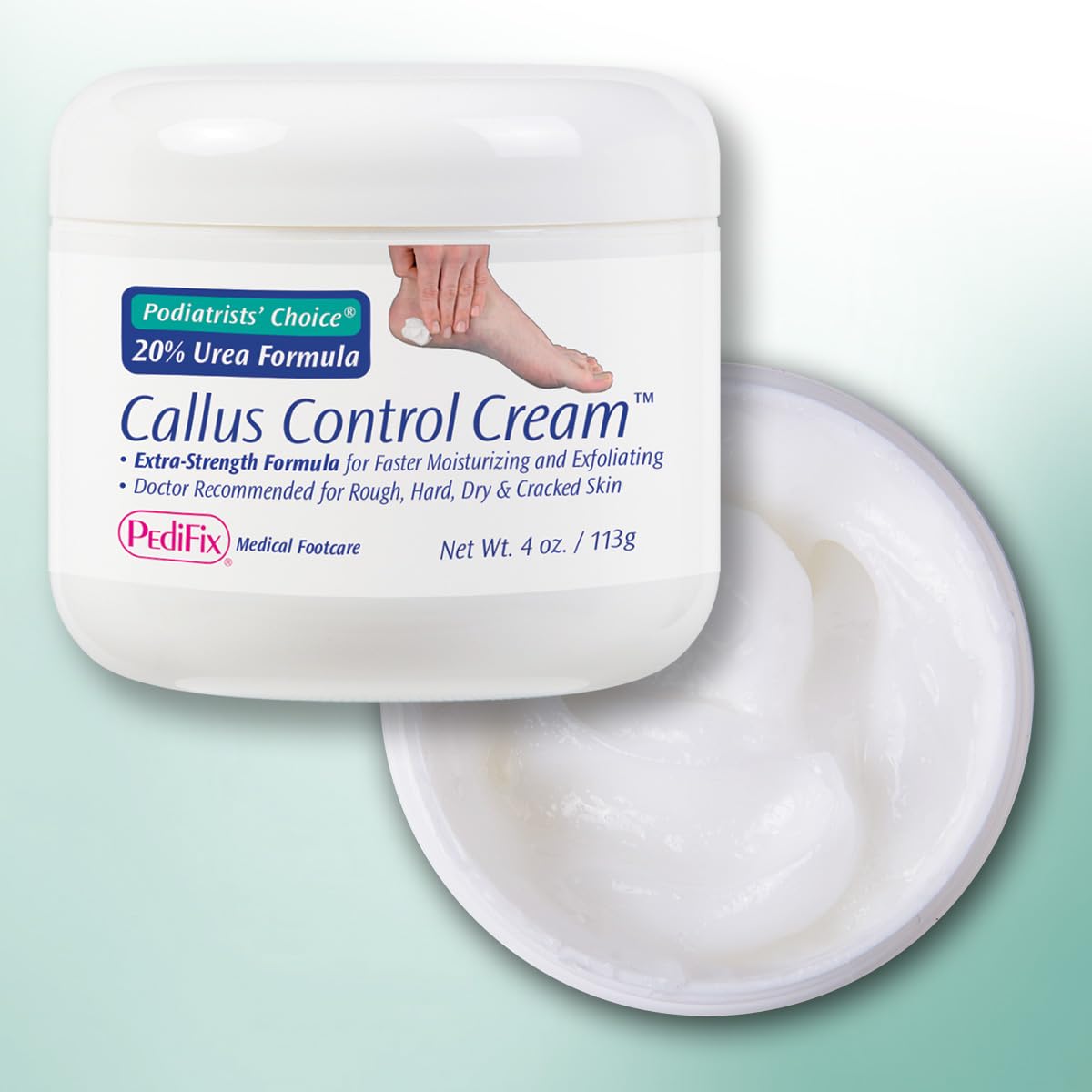 Pedifix extra-strength callus foot cream jar targets tough skin for smoother feet.