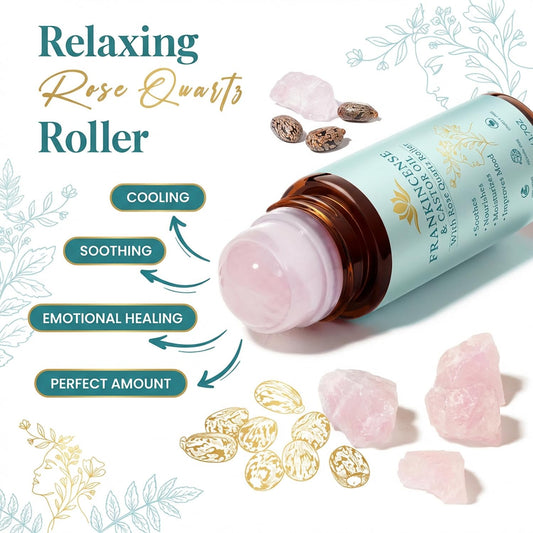 Peehss frankincense castor oil rose quartz roller close-up soothing glow