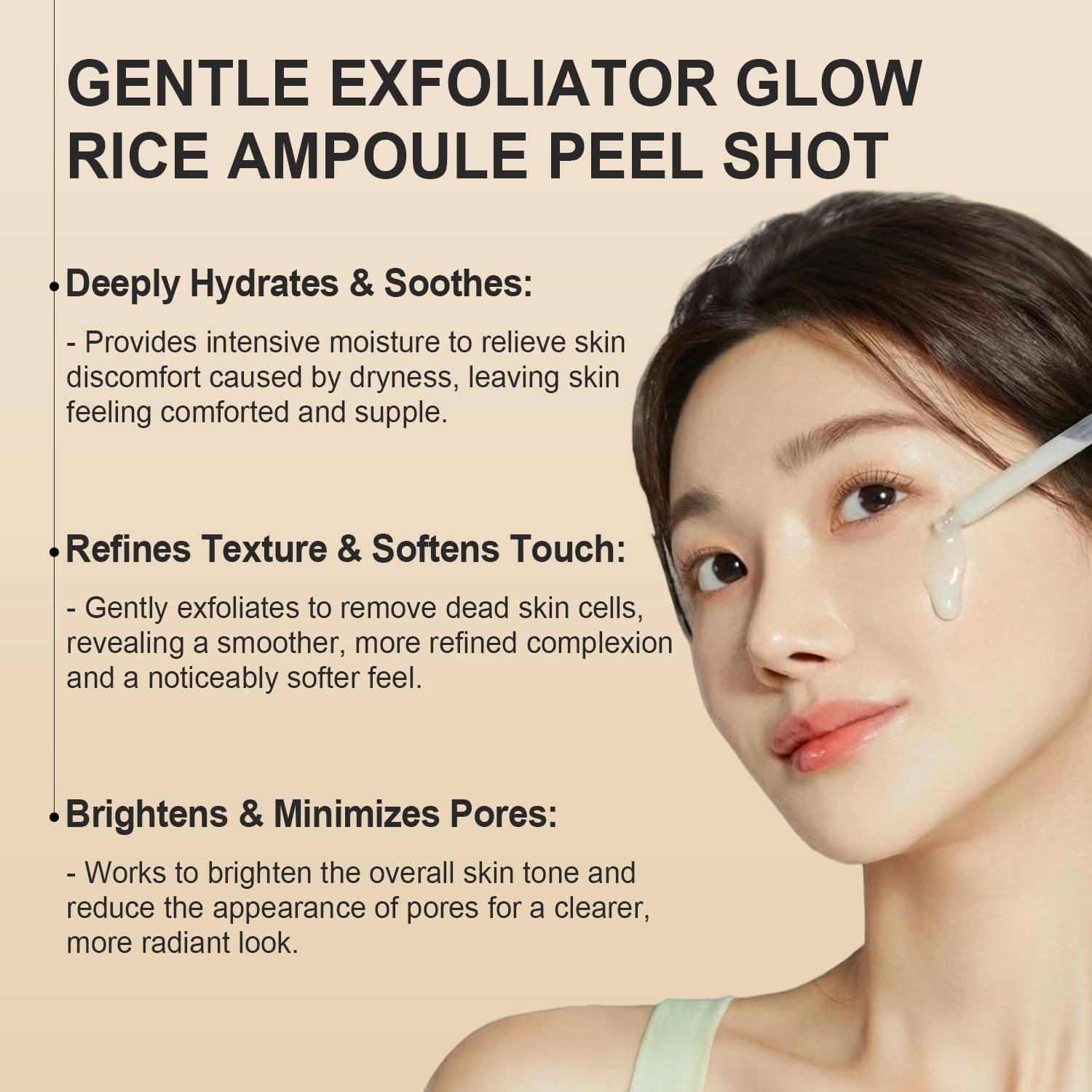 Close-up shows Peel Shot Glow rice formula with charcoal powder for pore care.