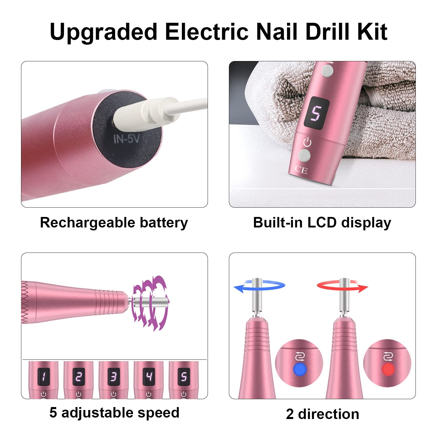 PEL-CAS nail drill LCD display visible for precise speed control.