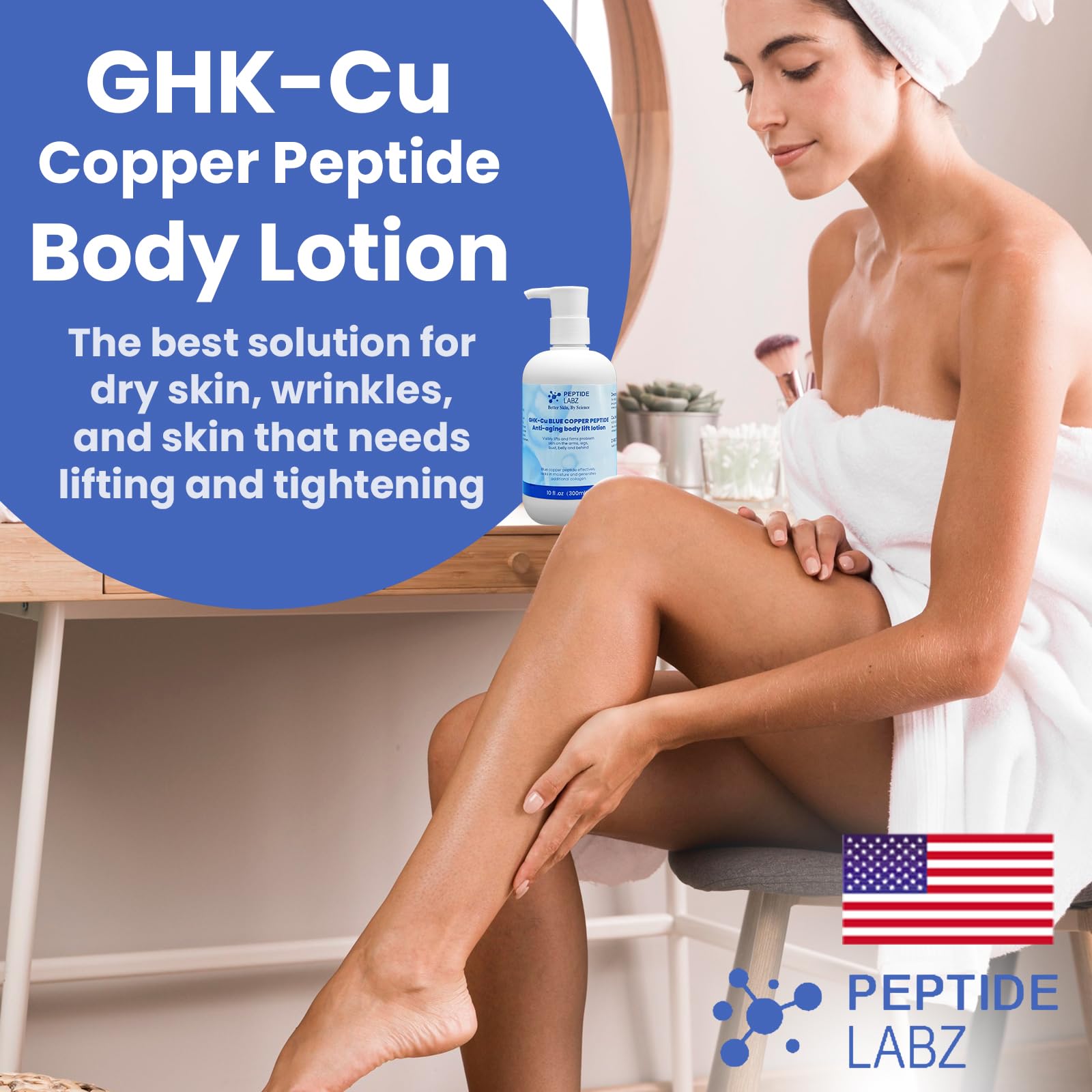 PeptideLabz Copper Peptide Body Lotion close-up on hydrated skin.