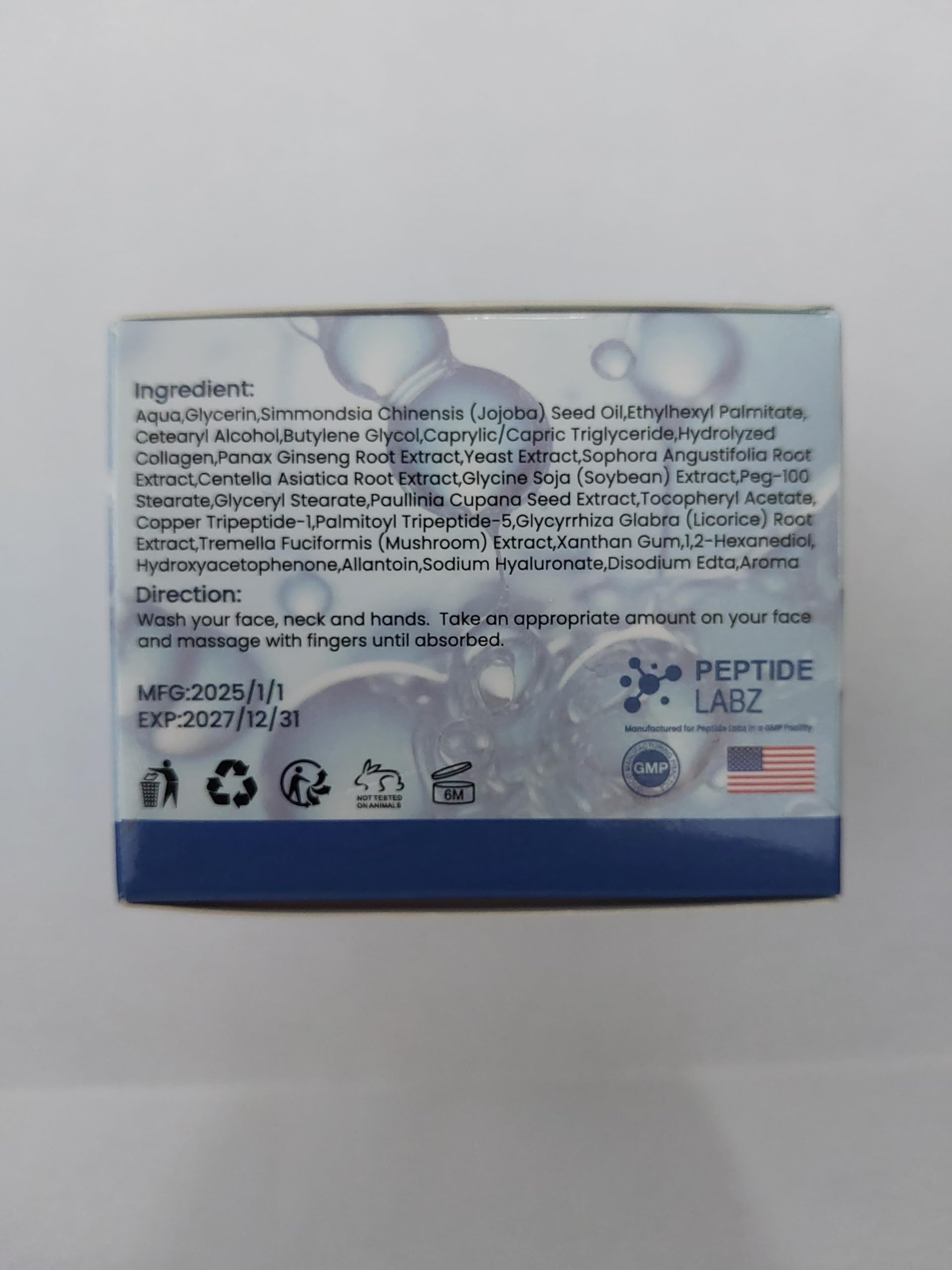 PeptideLabz copper peptide cream texture swatch showing non-greasy finish.