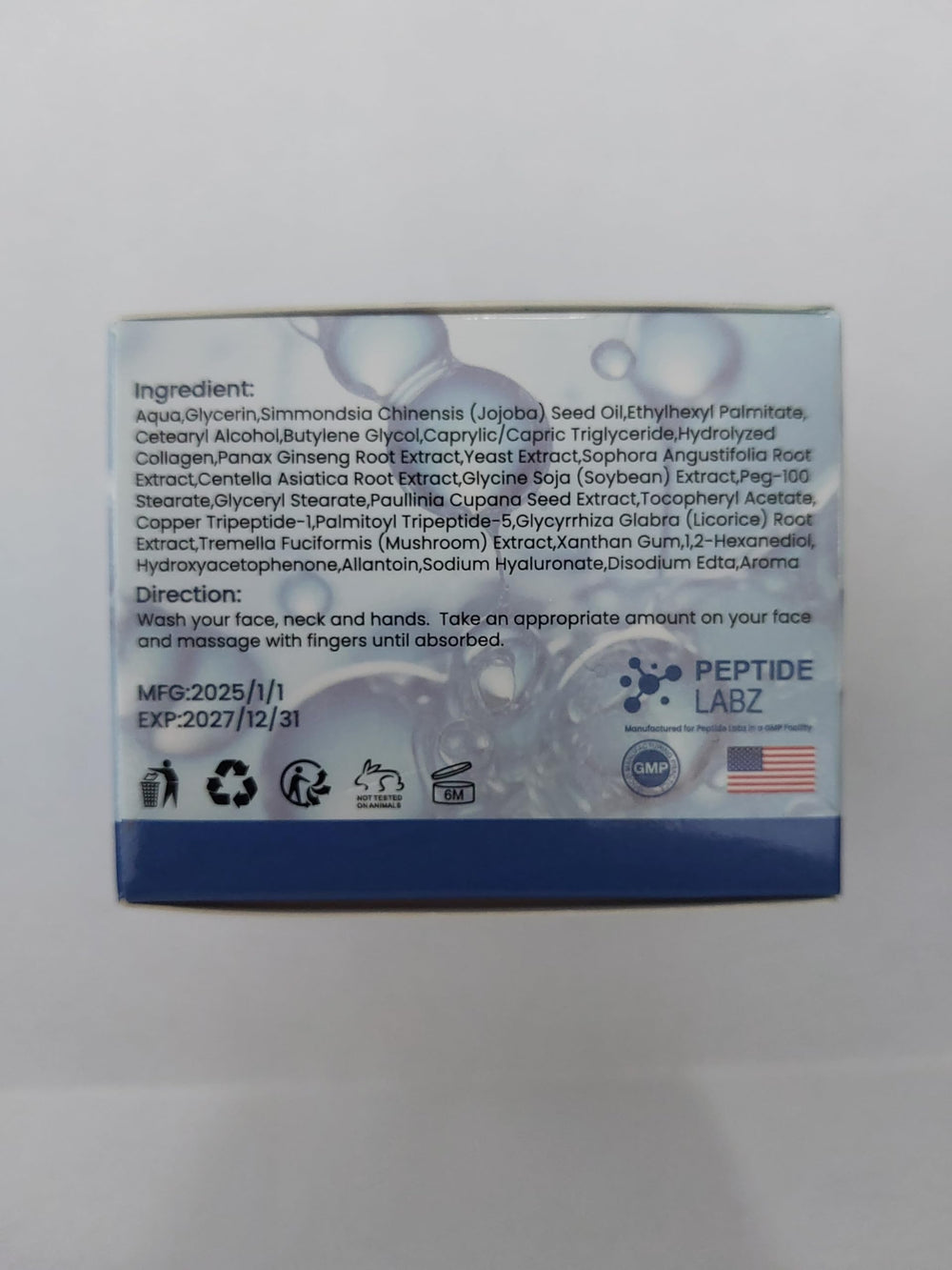 PeptideLabz copper peptide cream texture swatch showing non-greasy finish.