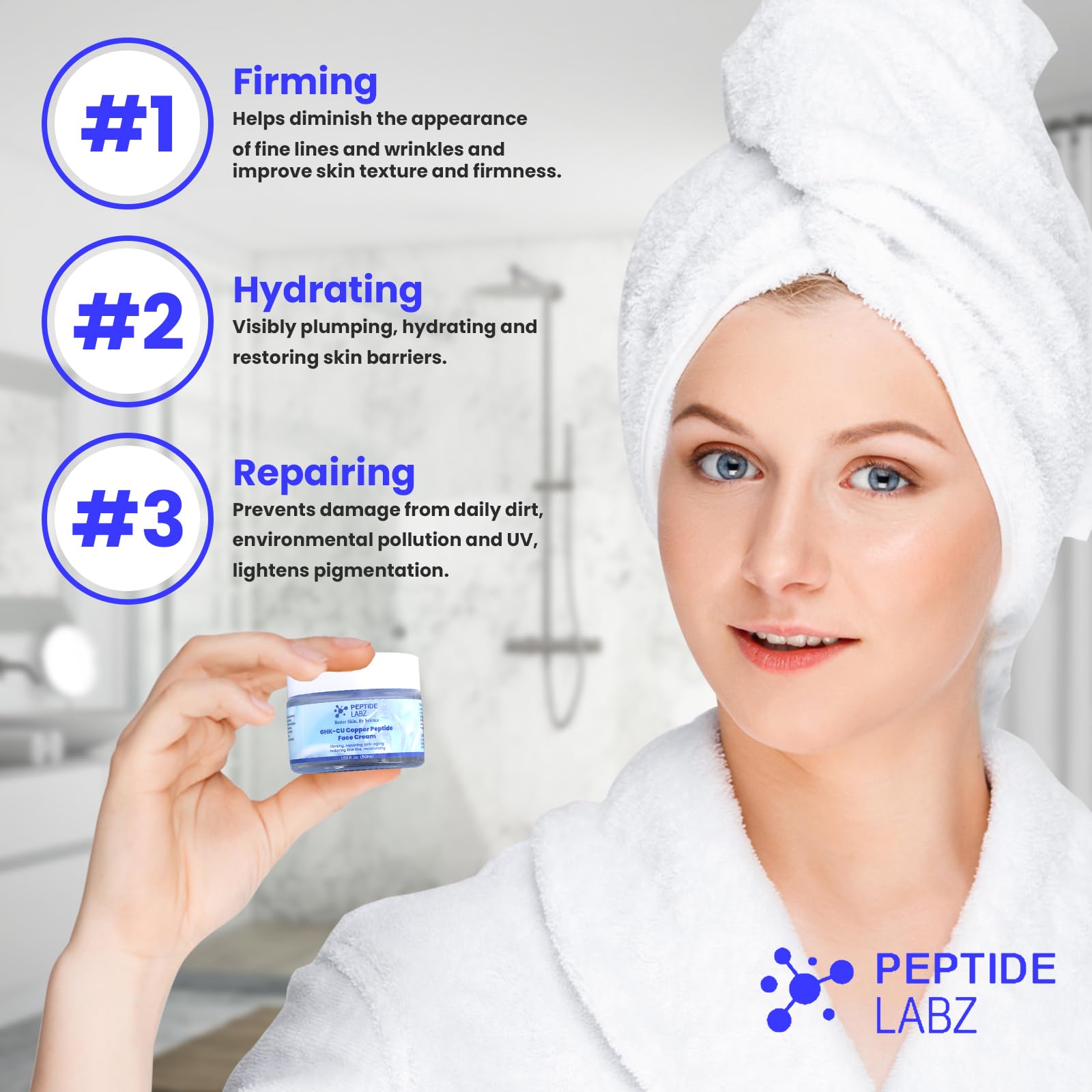 PeptideLabz copper peptide bottle close-up highlighting premium formula.