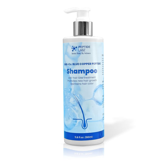 PeptideLabz Copper Peptide Shampoo bottle closeup, highlighting premium care for fuller hair.
