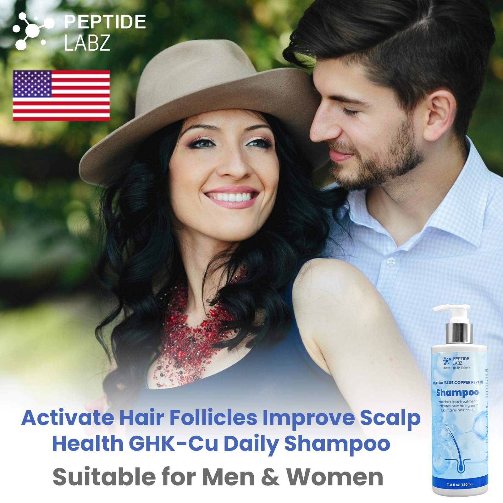 PeptideLabz Copper Peptide Shampoo back-label details, showcasing key ingredients and usage.