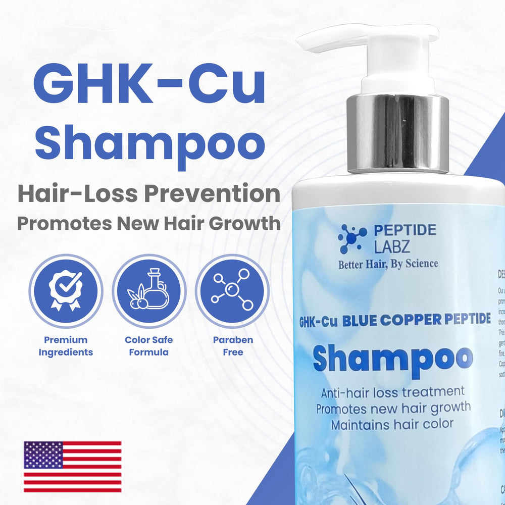 PeptideLabz Copper Peptide Shampoo scalp care scene, soothing tingling clean for healthier roots.