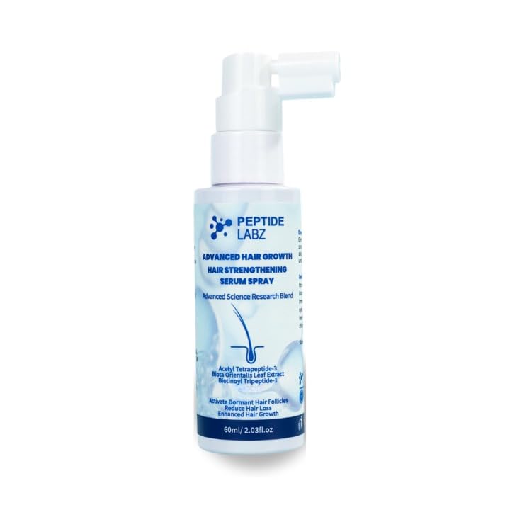 PeptideLabz hair growth serum spray bottle showing easy daily scalp application for fuller-looking hair