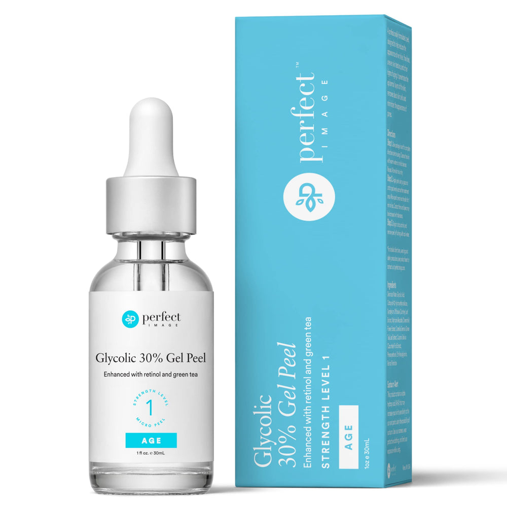 Perfect Image Glycolic 30% Peel bottle close-up showcasing exfoliation-ready benefits.