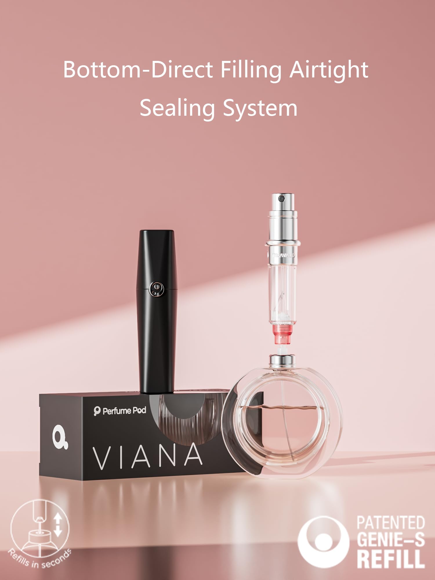 Perfume Pod ATOM01 black highlights airtight seal for preserved scent during travel.