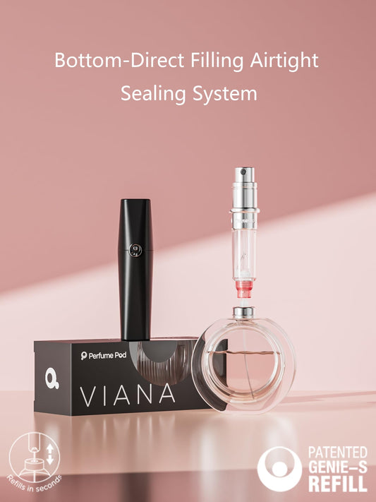 Perfume Pod ATOM01 black highlights airtight seal for preserved scent during travel.