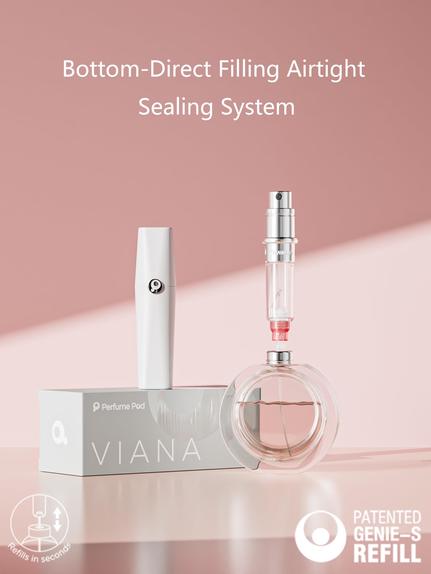 Perfume Pod ATOM01 white nozzle detail highlights precise mist for on-the-go use.