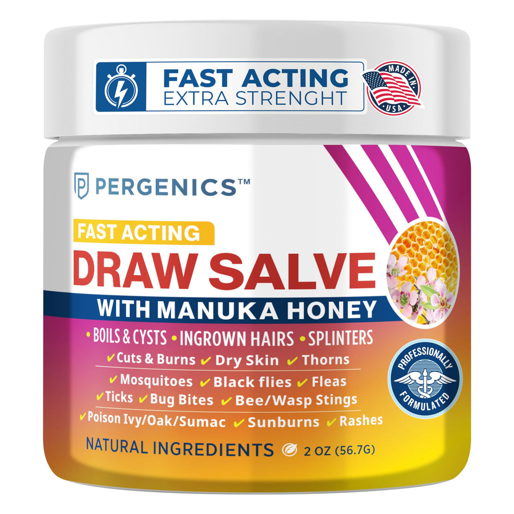 Pergenics Manuka Honey Draw Salve bottle for soothing skin irritations