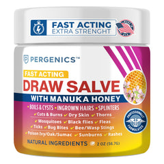 Pergenics Manuka Honey Draw Salve bottle for soothing skin irritations