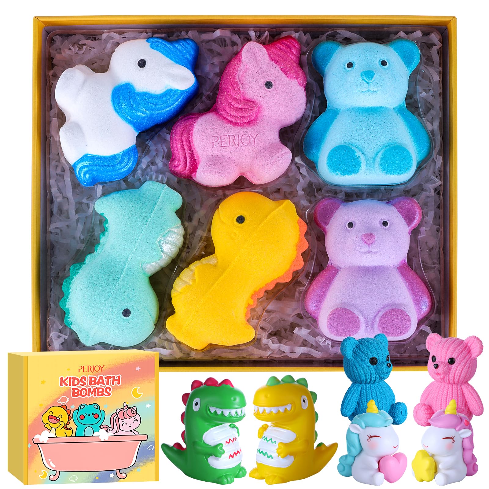 Perjoy kids bath bombs set with six large bombs and six toys for playful bath time