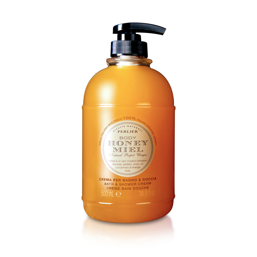 Perlier Honey Bath Cream bottle pour for gentle cleansing and lasting hydration