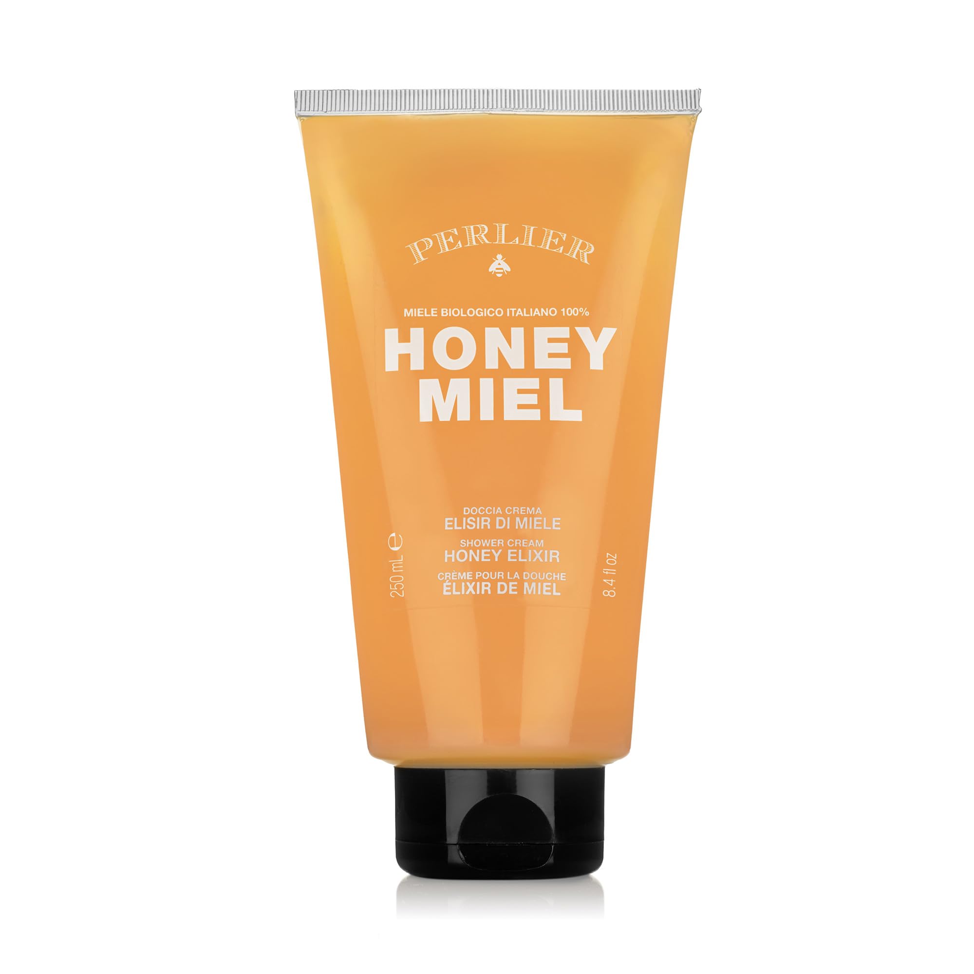 Perlier Honey Elixir Shower Gel bottle delivering a hydrating cleanse for soft, moisturized skin.