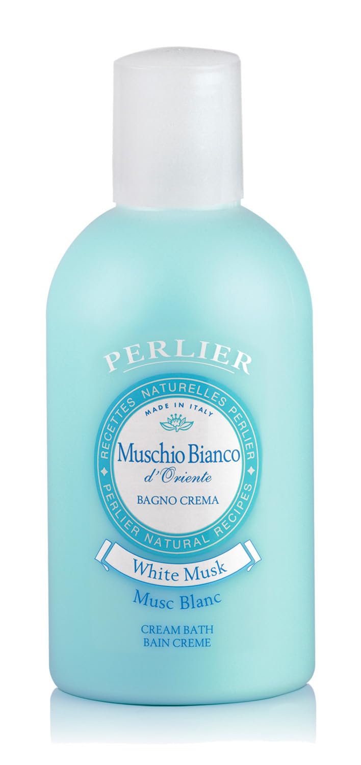 Perlier White Musk Bath Cream bottle, a soothing moisturizer for all skin types.