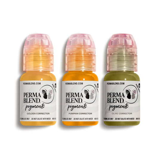 Perma Blend Corrector Olive bottle for precise undertone neutralization in microblading