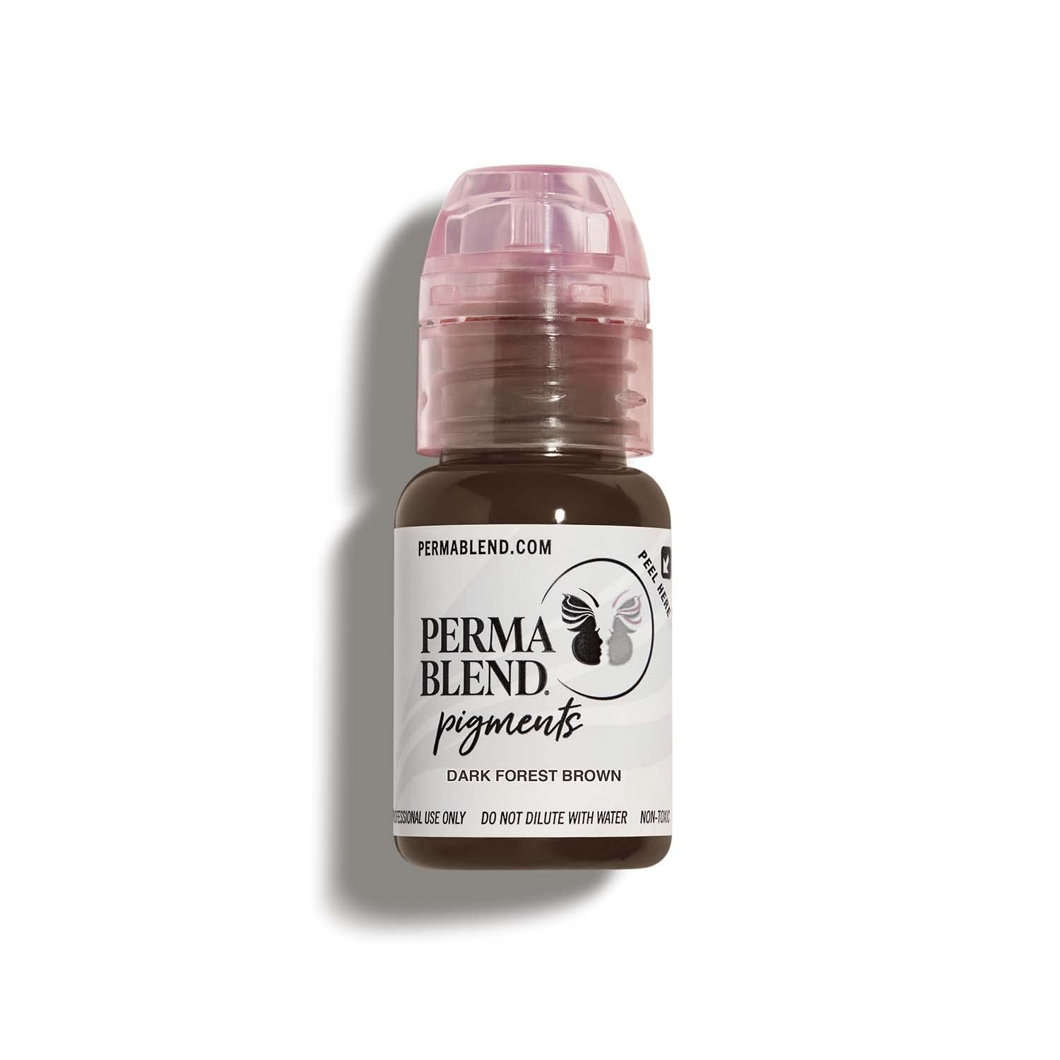 Perma Blend Dark Forest Brown bottle label highlights vegan ink quality for safe cosmetic tattooing.