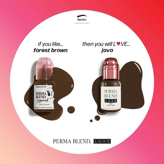 Perma Blend Luxe Java pigment swatches display color stability across skin tones.