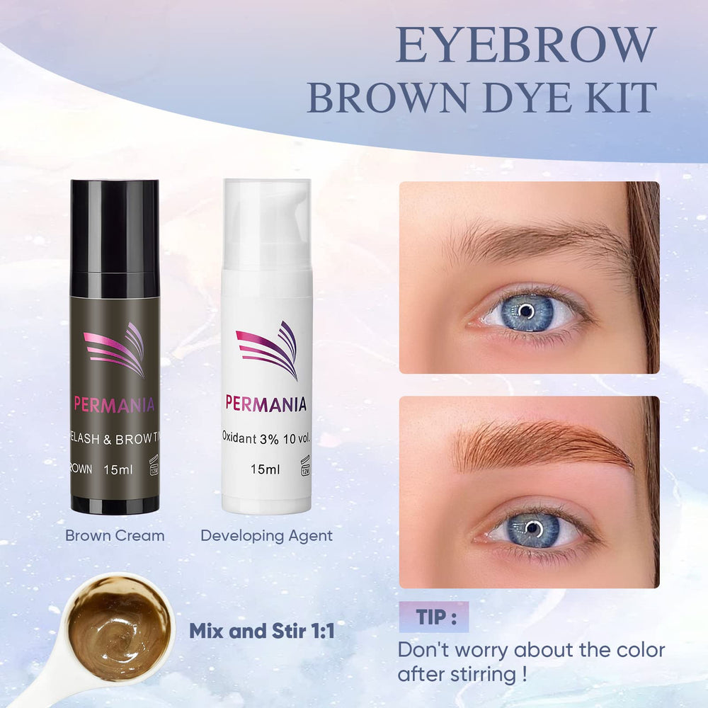 PERMANIA Brow Color Brown Dye Bottle highlighted for natural tint.