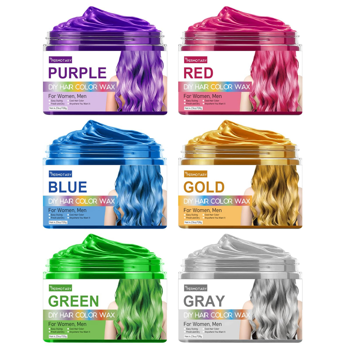 Permotary six-colors hair color wax for temporary styling that washes out easily