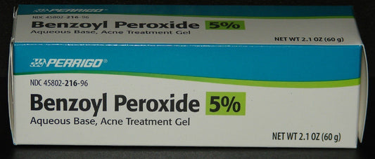 Perrigo 5% benzoyl peroxide acne gel tube, fast-absorbing treatment for clearer skin.