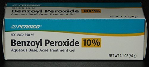 Perrigo benzoyl peroxide gel tube top view highlights convenient application near affected area.