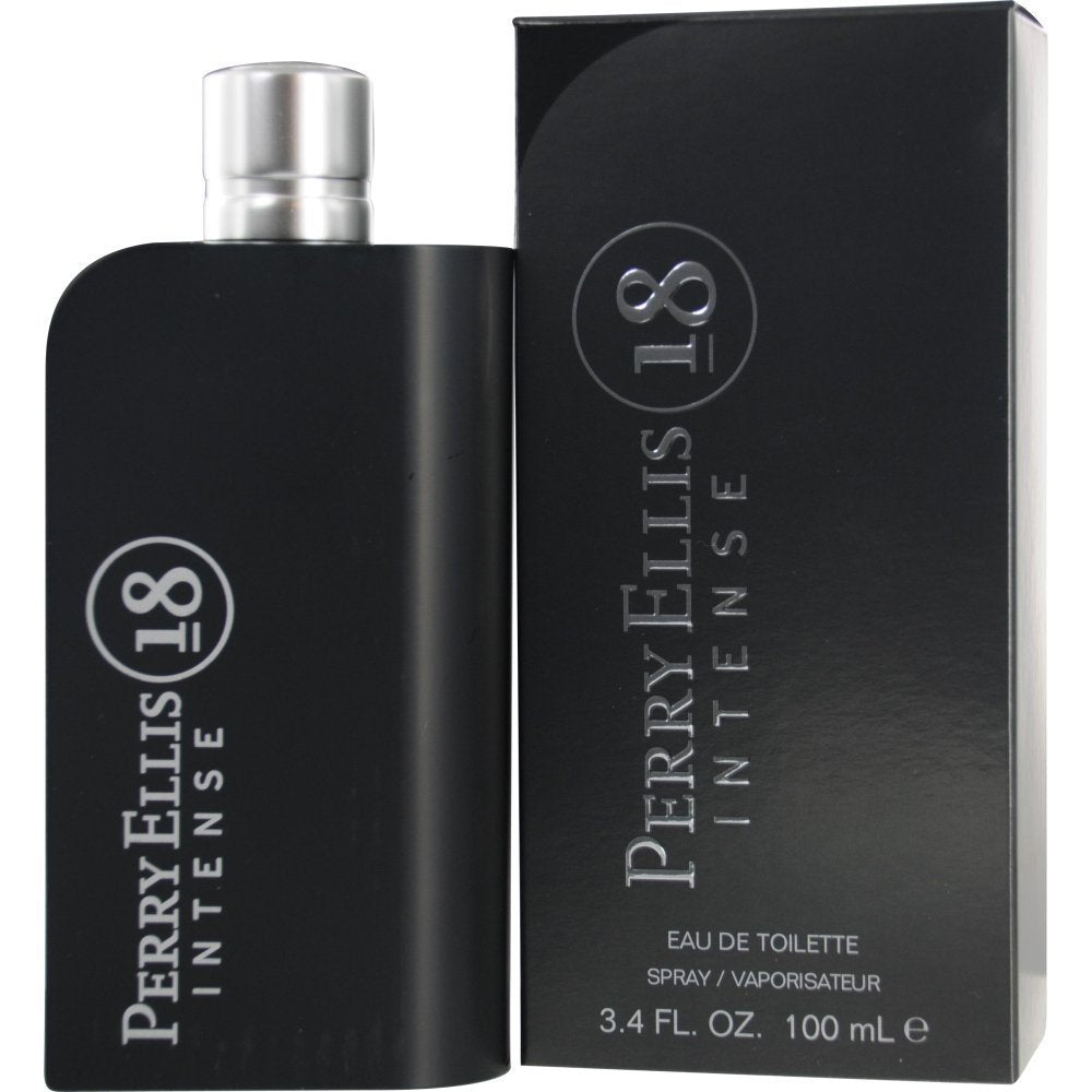 Perry Ellis 18 Intense bottle close-up with blue glass for evening wear.