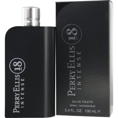 Perry Ellis 18 Intense bottle close-up with blue glass for evening wear.