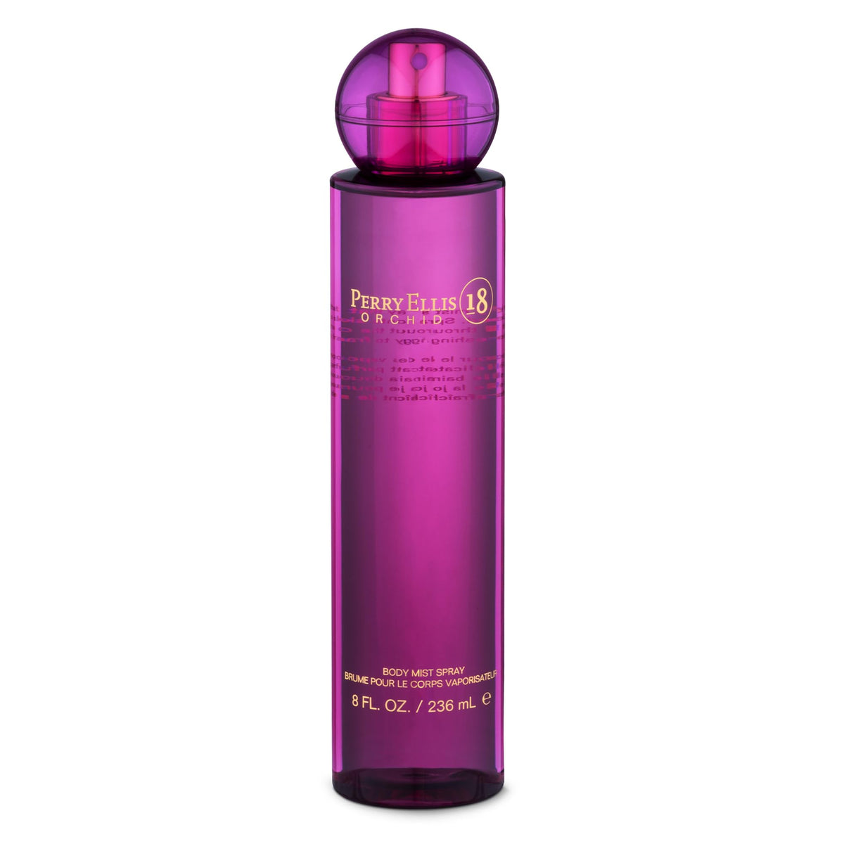 Perry Ellis 18 Orchid bottle front view, premium bottle design for daily spritz
