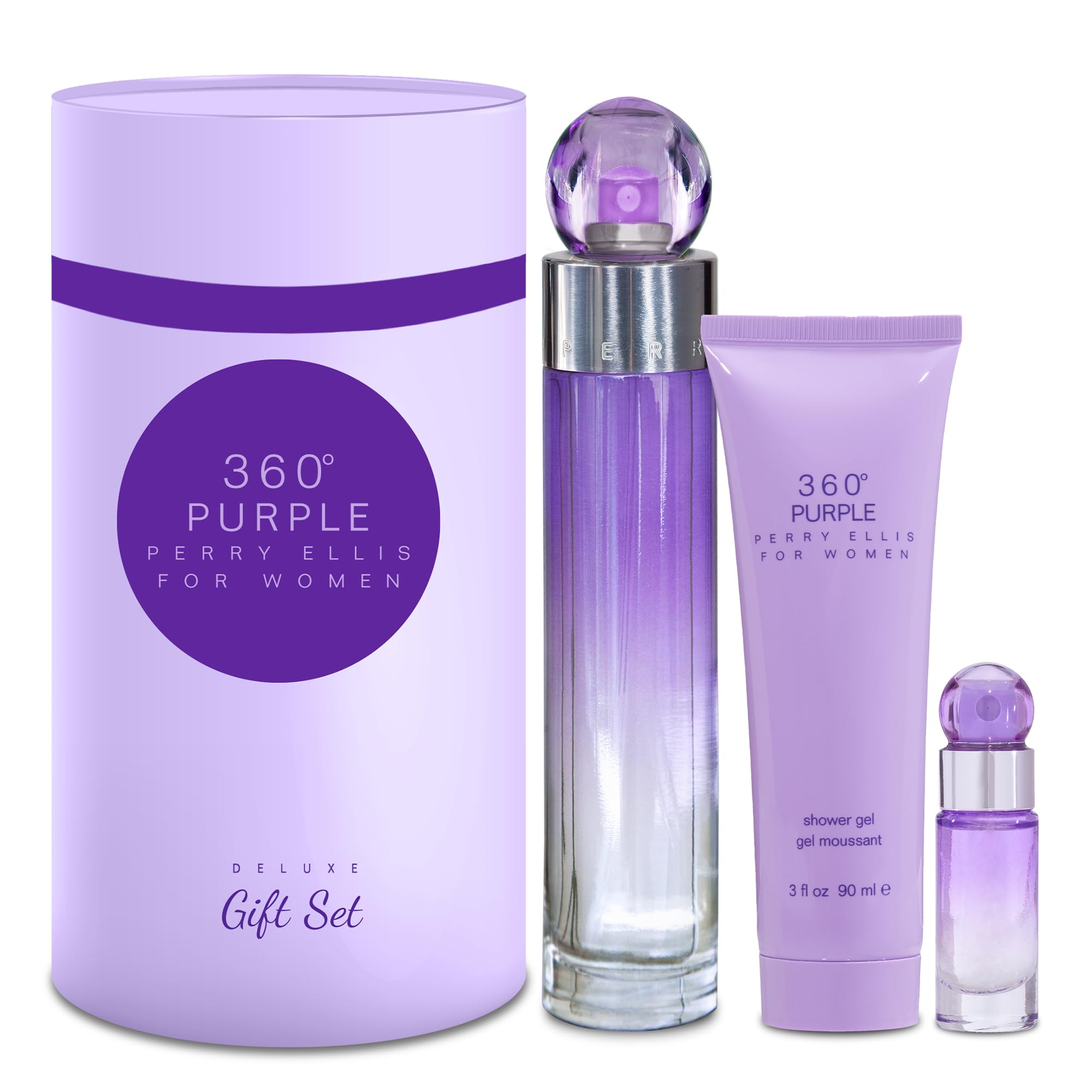 Perry Ellis 360 Purple gift set on display, ideal gift for her and fragrance lovers.