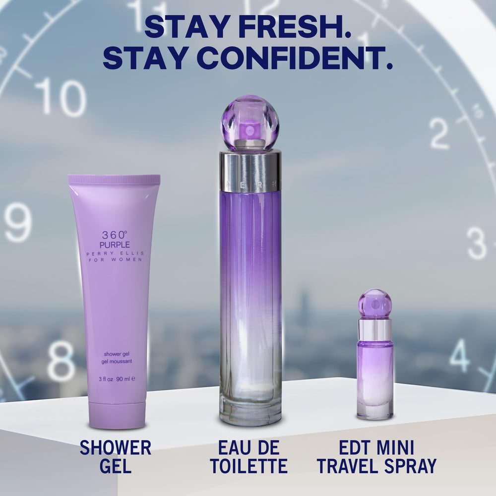 Perry Ellis 360 Purple shower gel bottle, refreshing bath ritual element.