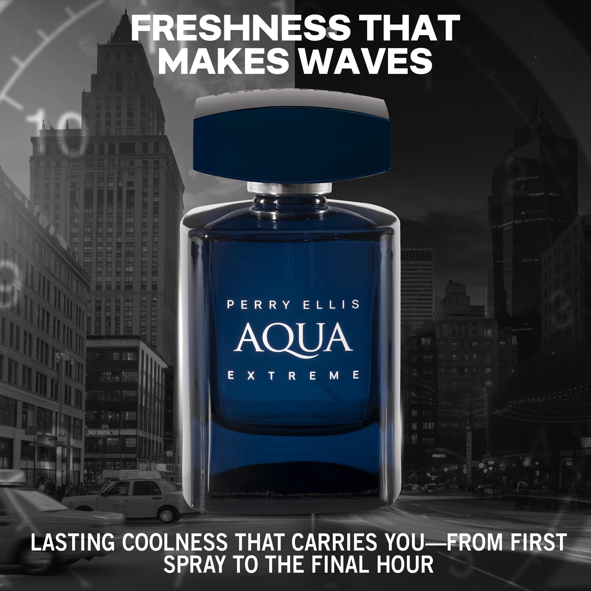 Perry Ellis Aqua Extreme bottle side view shows sleek silhouette.