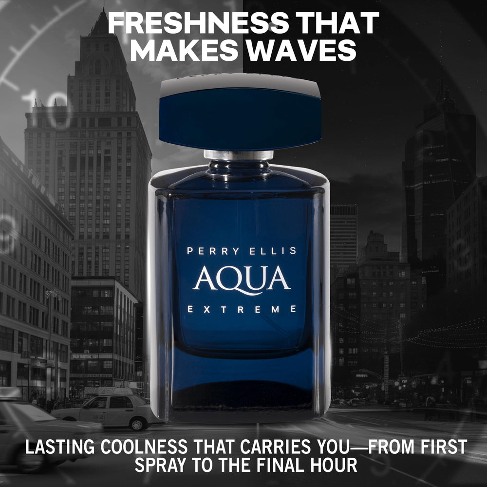 Perry Ellis Aqua Extreme bottle side view shows sleek silhouette.