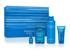 Perry Ellis Aqua for Men gift set box highlighting fresh marine notes for gifting