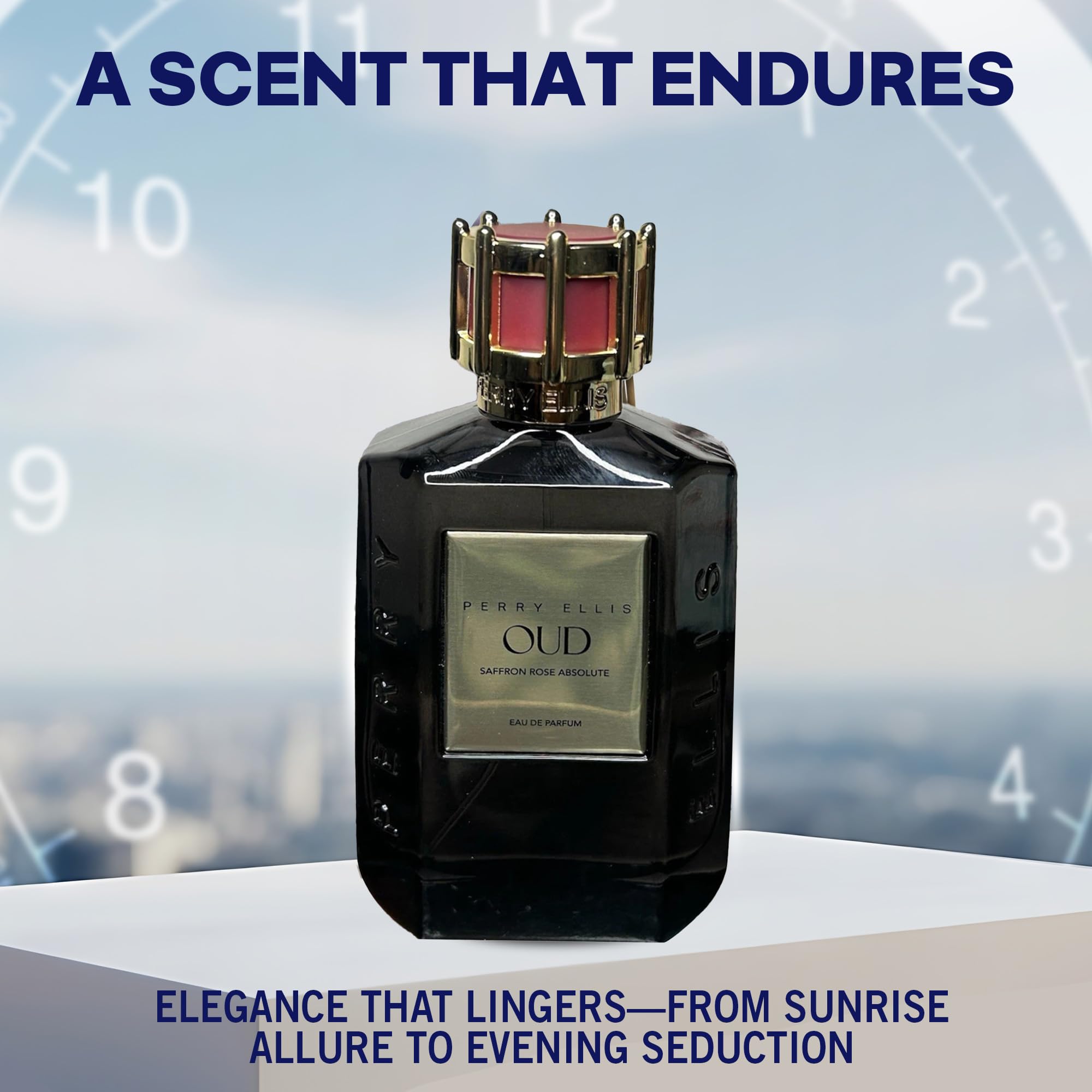 Perry Ellis OUD Saffron Rose displays wood note panel with warm resinous accents.