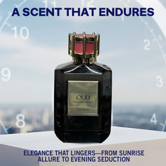 Perry Ellis OUD Saffron Rose displays wood note panel with warm resinous accents.