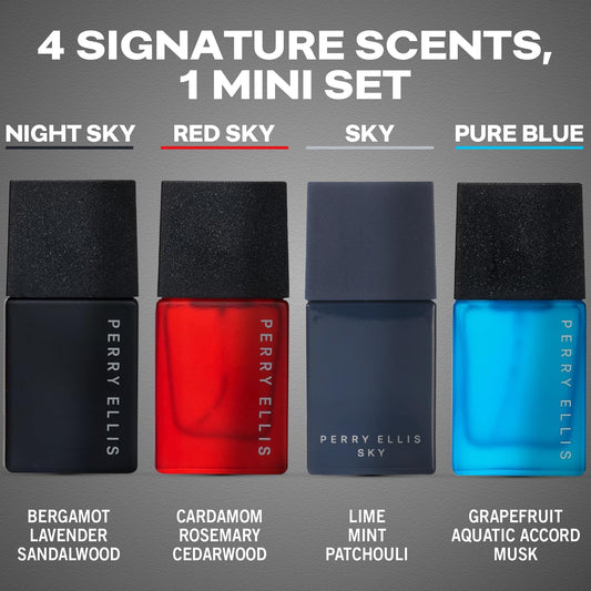 Perry Ellis Red Sky bottle in mini set, warm woody scent for daytime and evening.