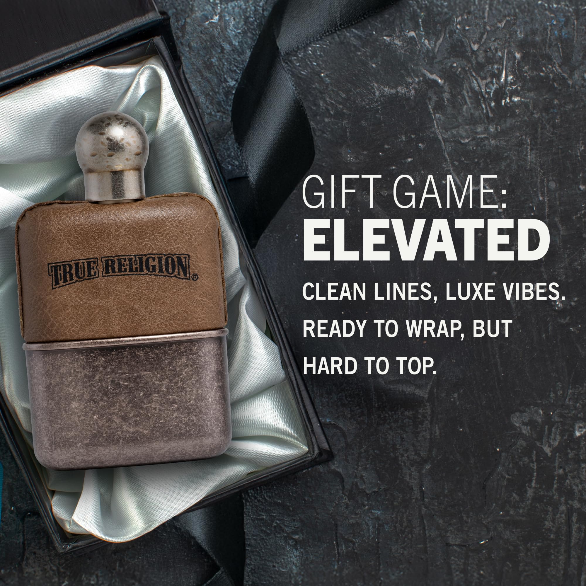 Perry Ellis True Religion Original bottle close-up highlights premium cap and texture.