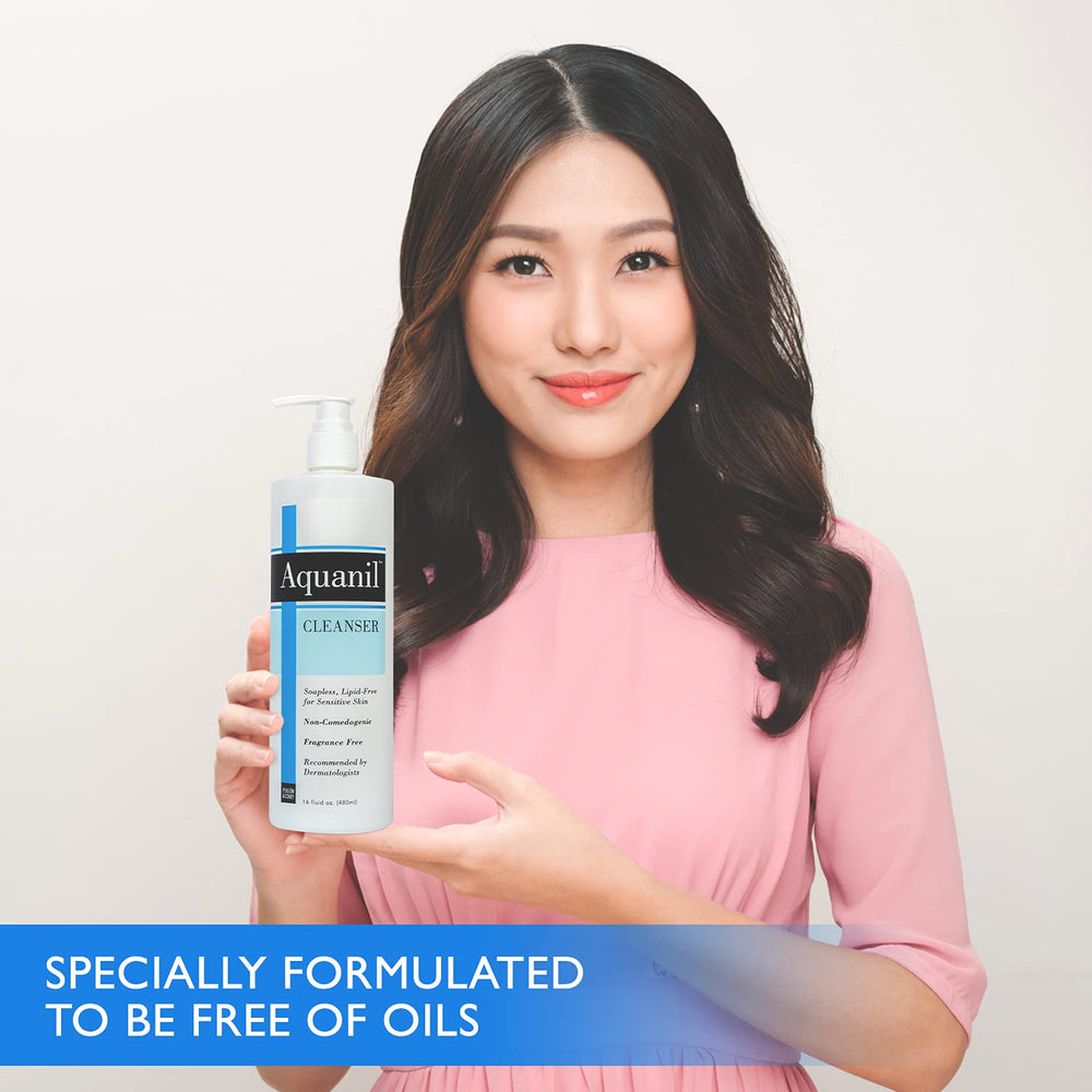 Aquanil cleanser applied to the face for gentle cleansing and balance.