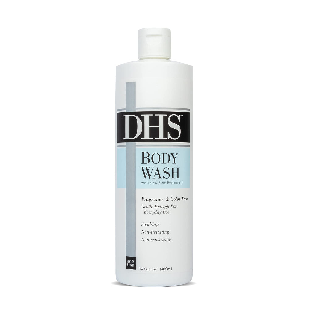 Person & Covey DHS Body Wash bottle pour showing gentle cleansing for sensitive skin